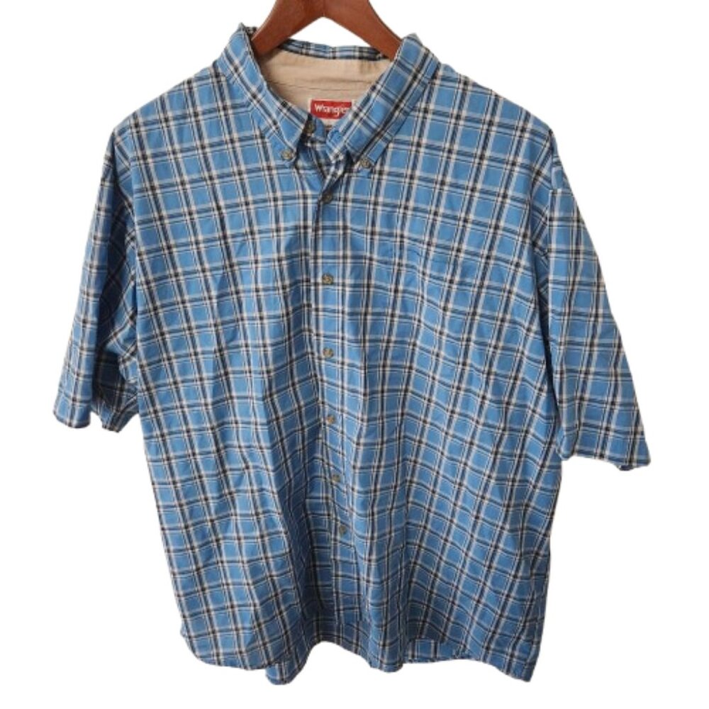 Wrangler Men’s 2XL Short Sleeve Button Down Shirt Blue White Plaid